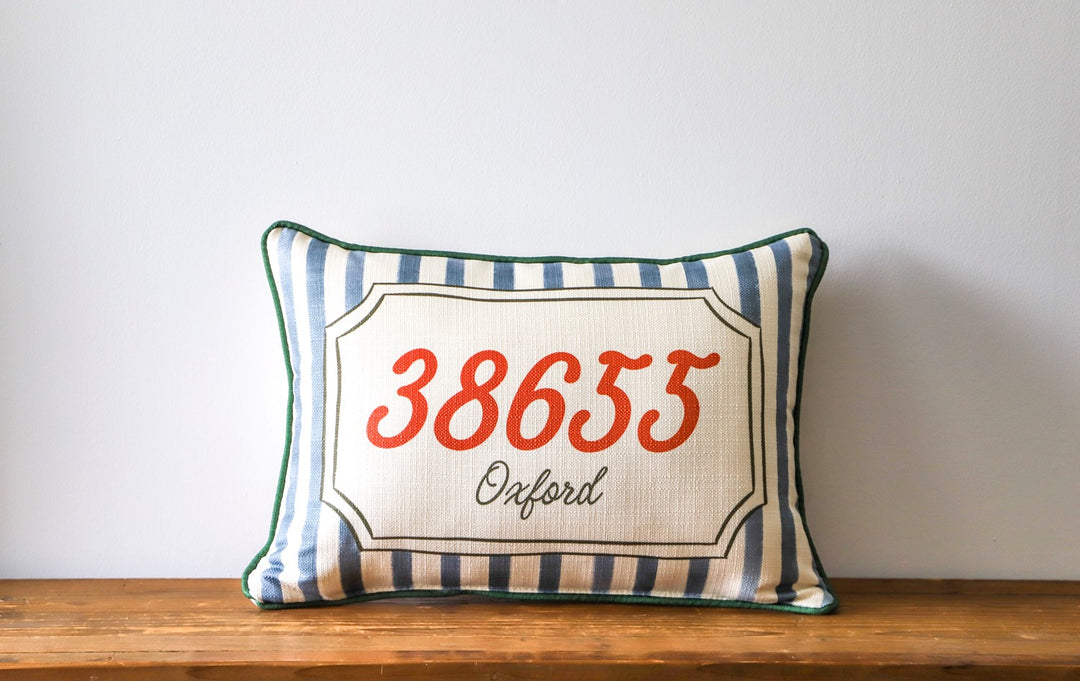 French Stripe Ribbon Zip Code Personalized Pillow